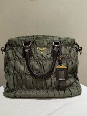 Prada Tessuto Gaufre Ruched Green Nylon Handbag & Crossbody Bag
